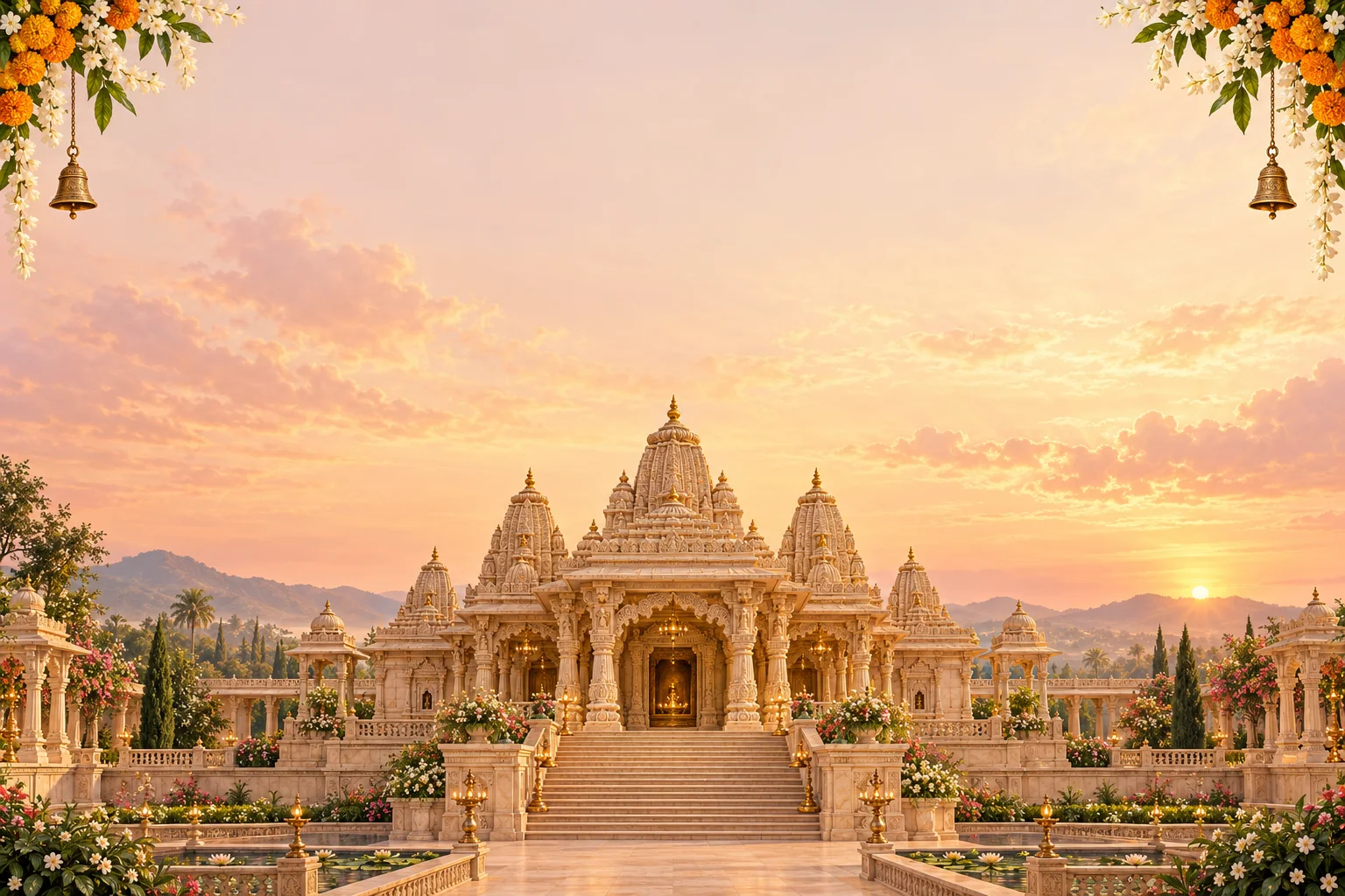 A sandstone temple at sunrise with marigolds and brass bells